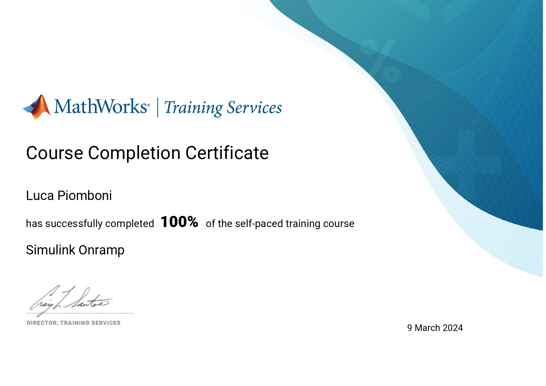 Simulink Onramp Certificate